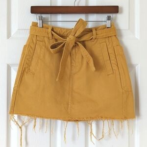 PacSun High Waisted Tie Belted Raw Hem A-Line Denim Mini Skirt Mustard Yellow 26